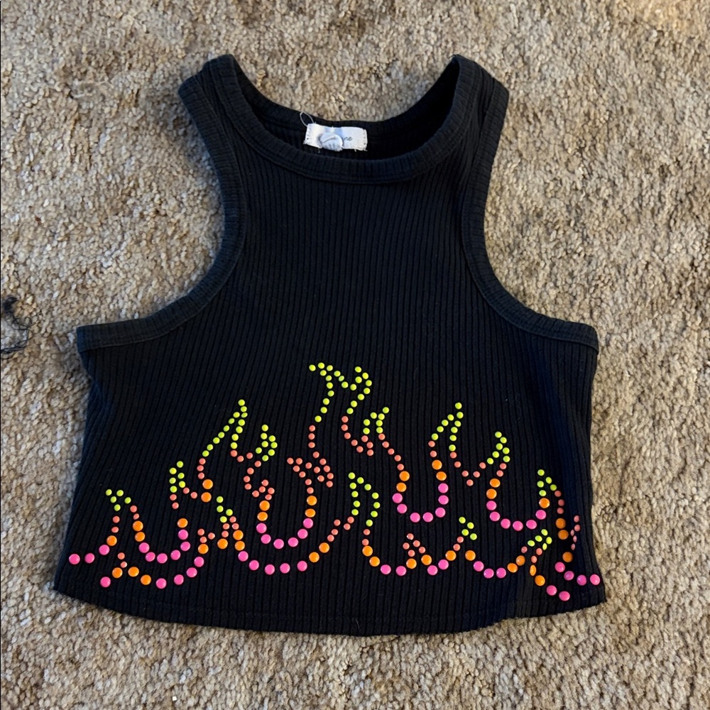 Black Crop Top with Colorful Flame Design